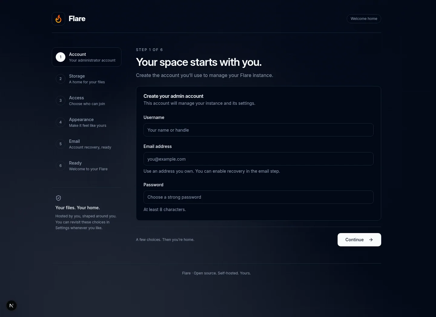 First-run account form with username, email, and password fields