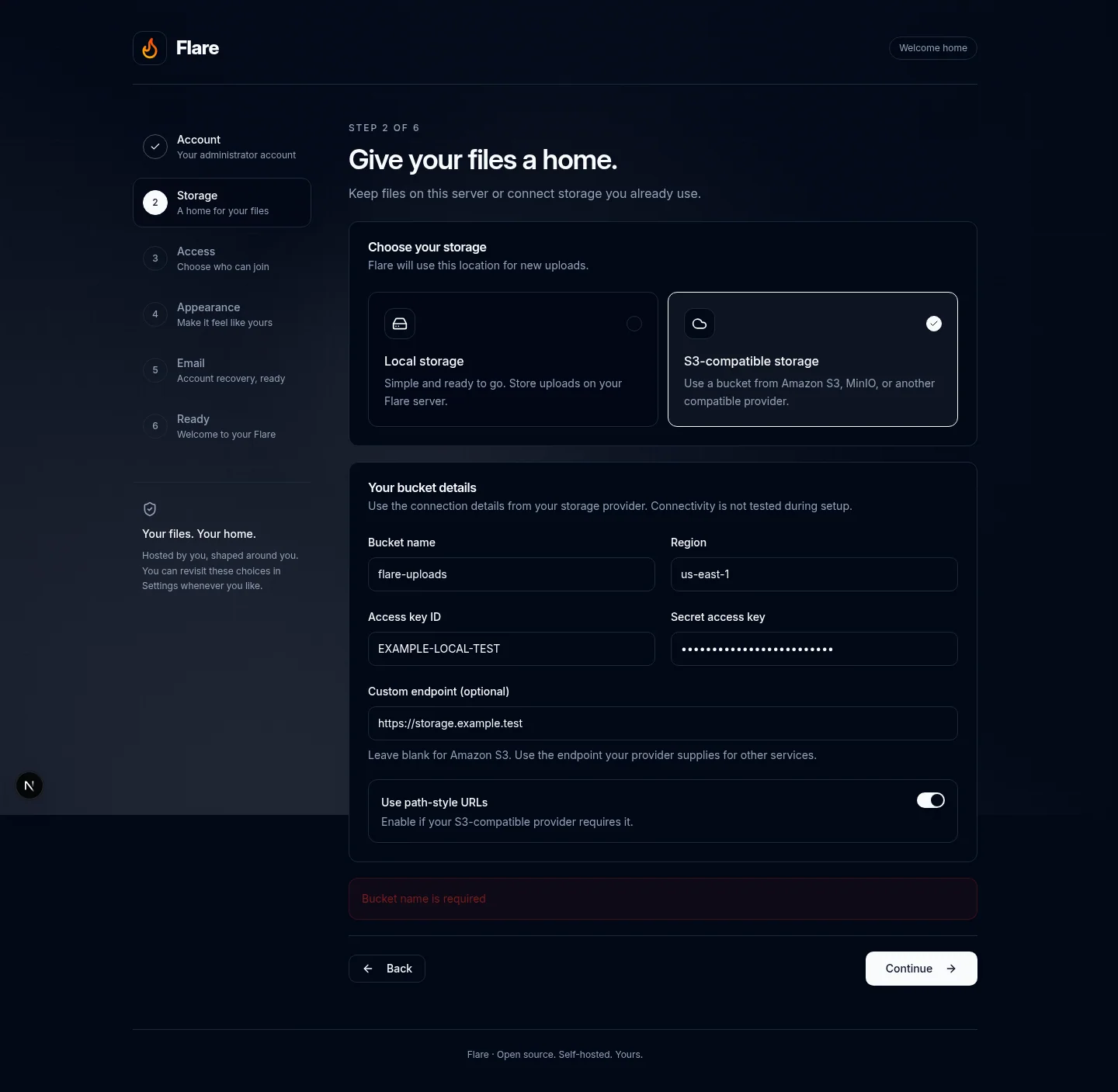 Setup storage step with S3 bucket and connection fields