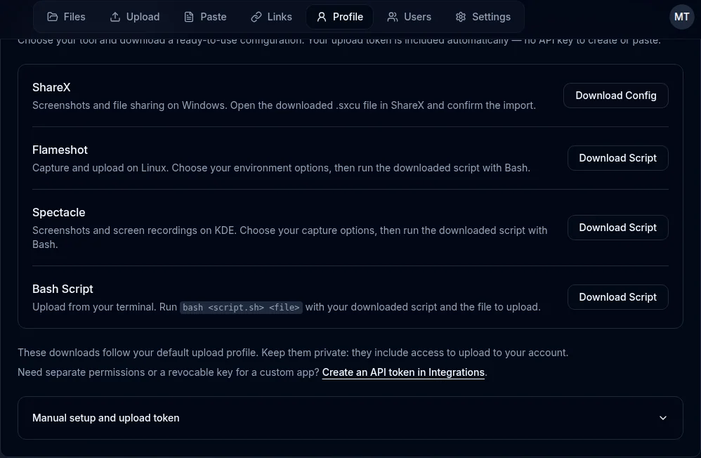 Screenshot-tool setup options in Profile Uploads