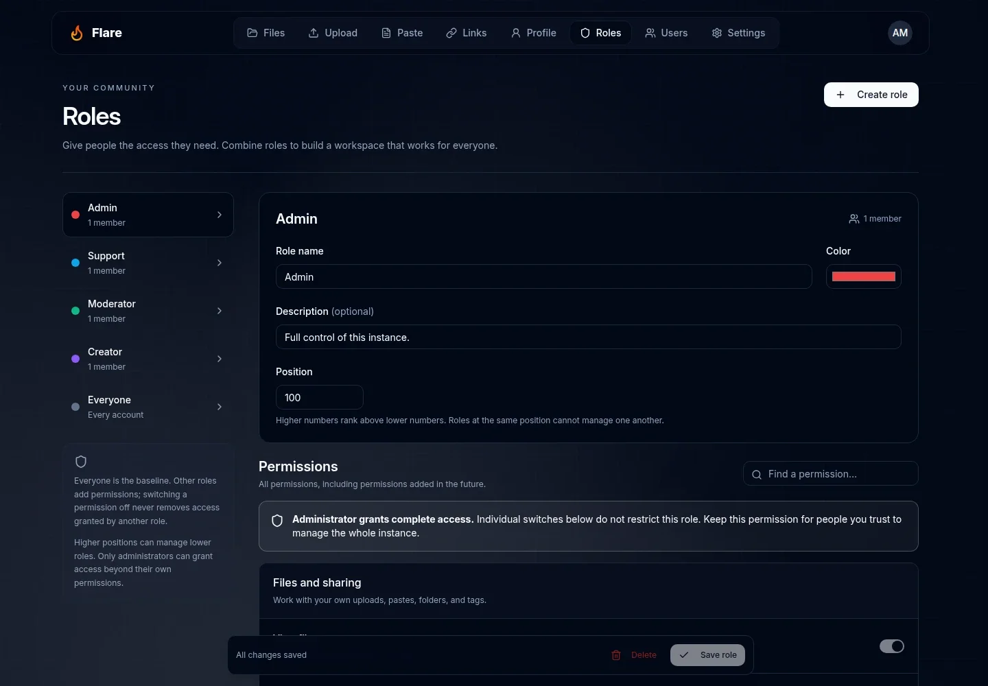 Roles screen with Admin, Support, Moderator, Creator, and Everyone and an explanation of full administrator access
