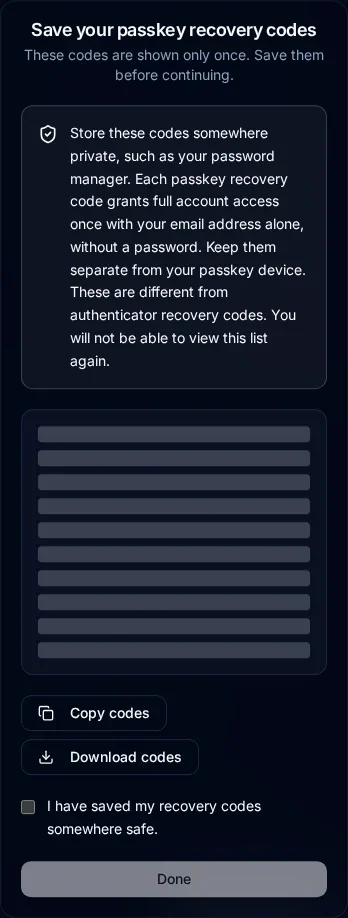 Mobile passkey recovery-code dialog displays concealed codes in one column with copy, download, and saved-confirmation controls