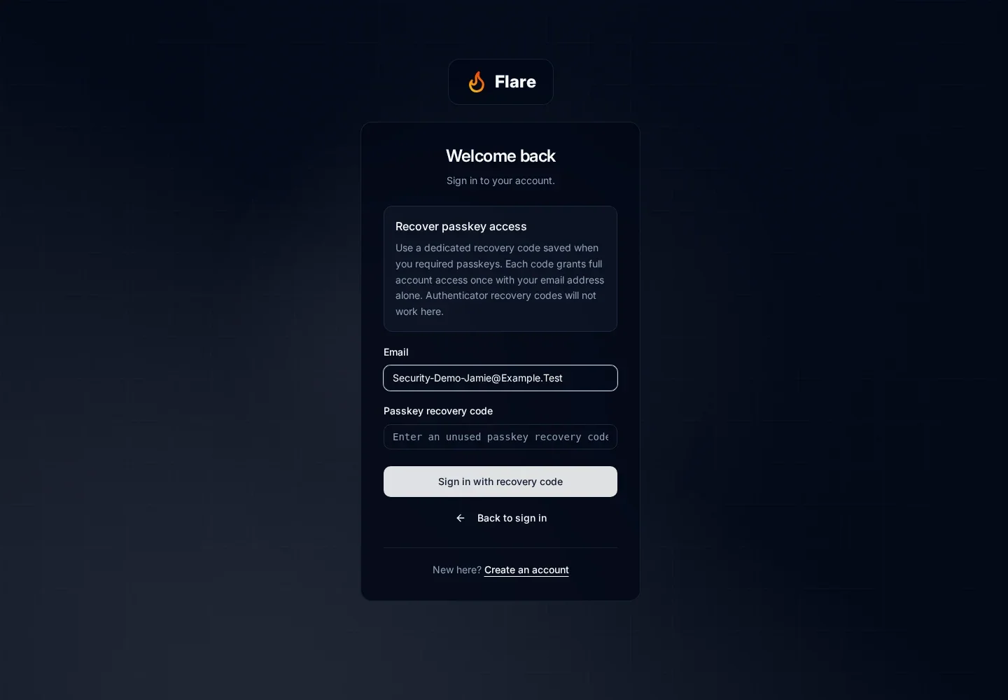 Passkey recovery sign-in accepts a mixed-case account email and dedicated passkey recovery code, without a password field