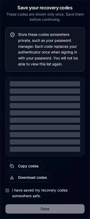 Mobile recovery-code dialog with all ten secret values concealed, download and copy controls, the saved-confirmation checkbox, and Done