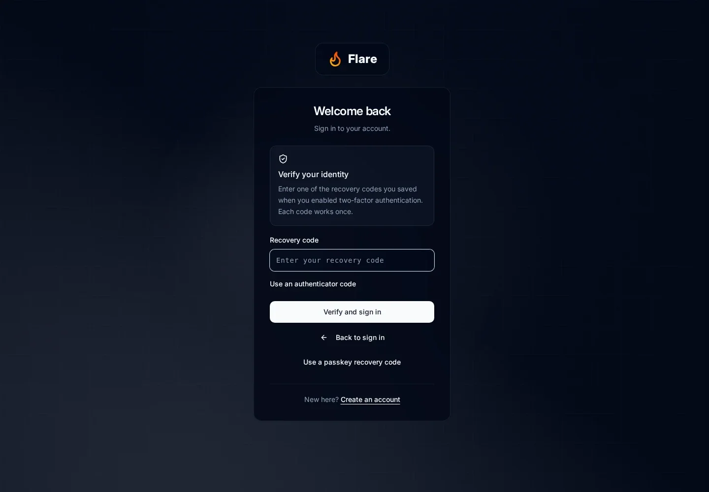 Recovery sign-in asks for one saved recovery code and explains that each code works once