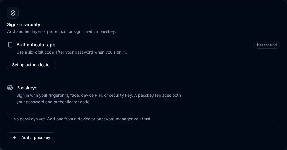 Sign-in security with authenticator setup and passkey registration controls, before either method is enabled