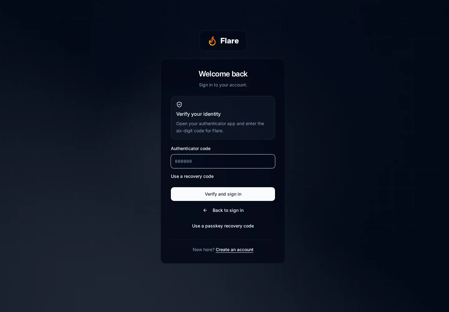 Flare sign-in asks to verify identity with an authenticator code and offers Use a recovery code