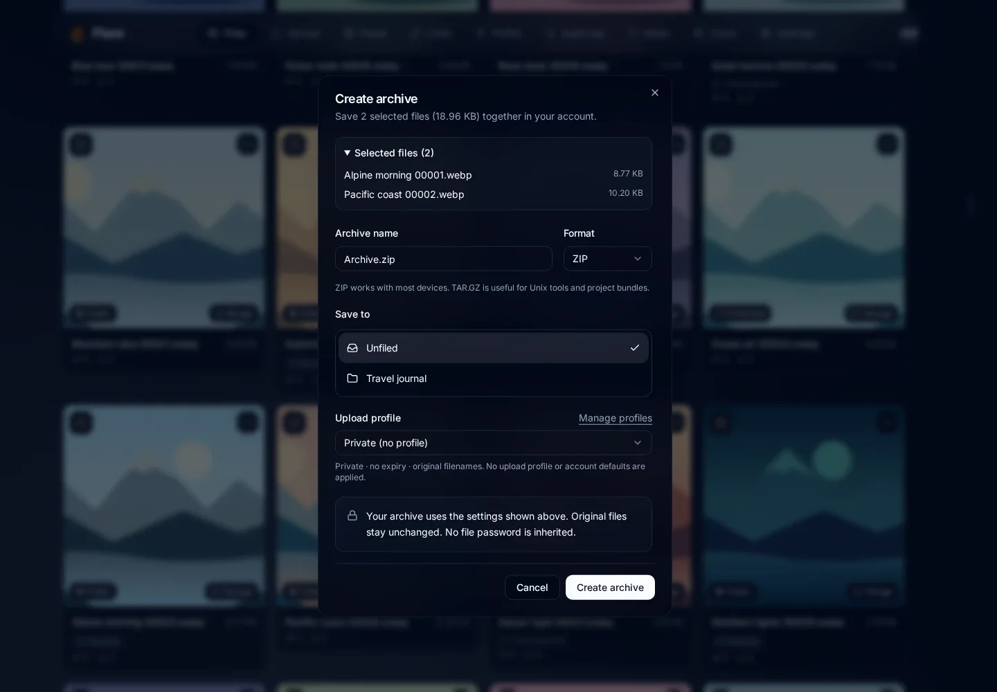 Create archive dialog listing two selected files after their cards have scrolled out of the library view, with ZIP and Private no profile defaults