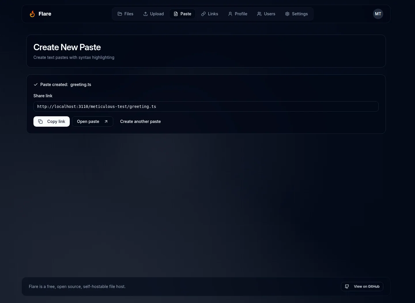 Paste created result with a share link and copy and open actions
