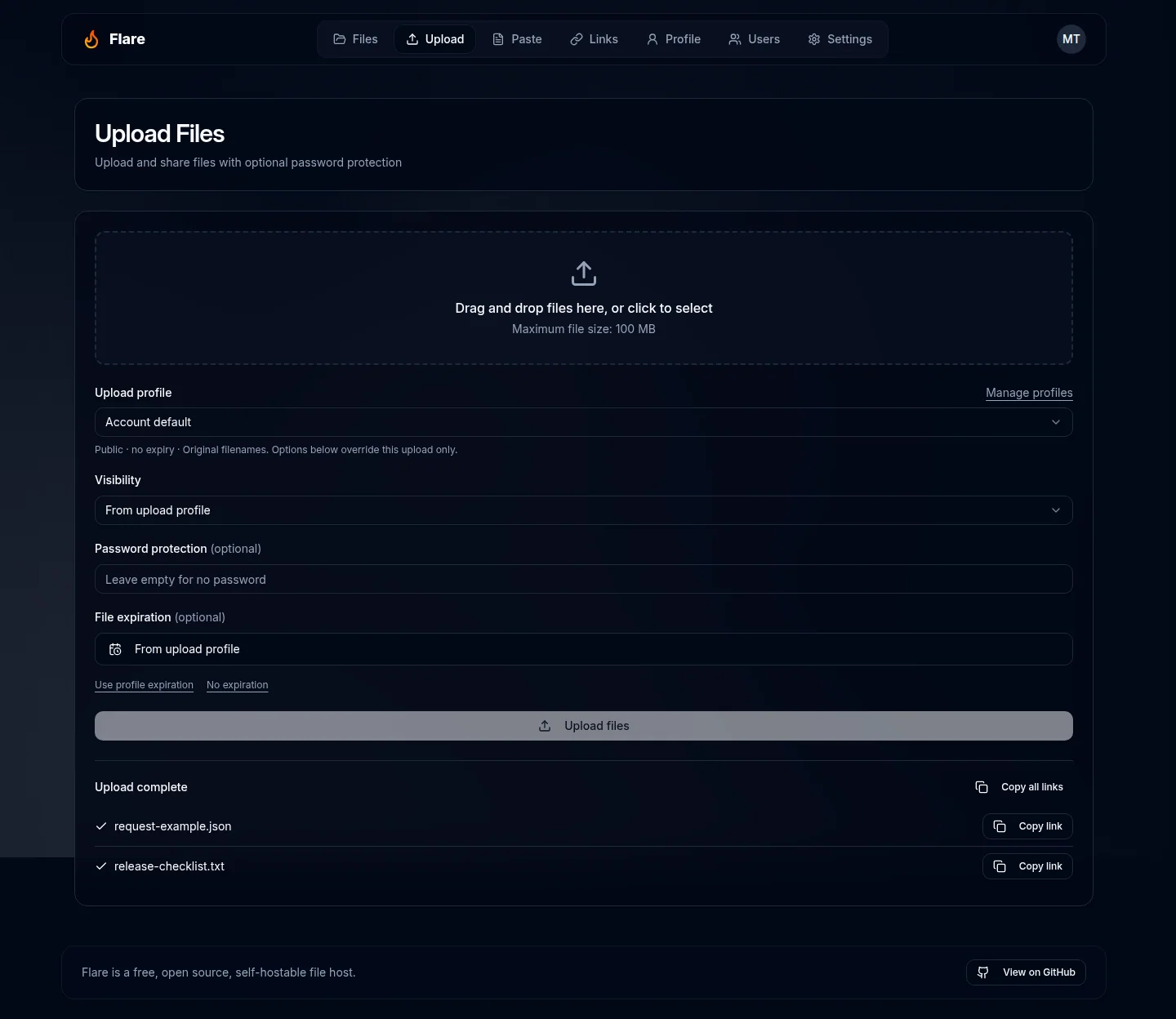 Successful uploads with share links and copy actions