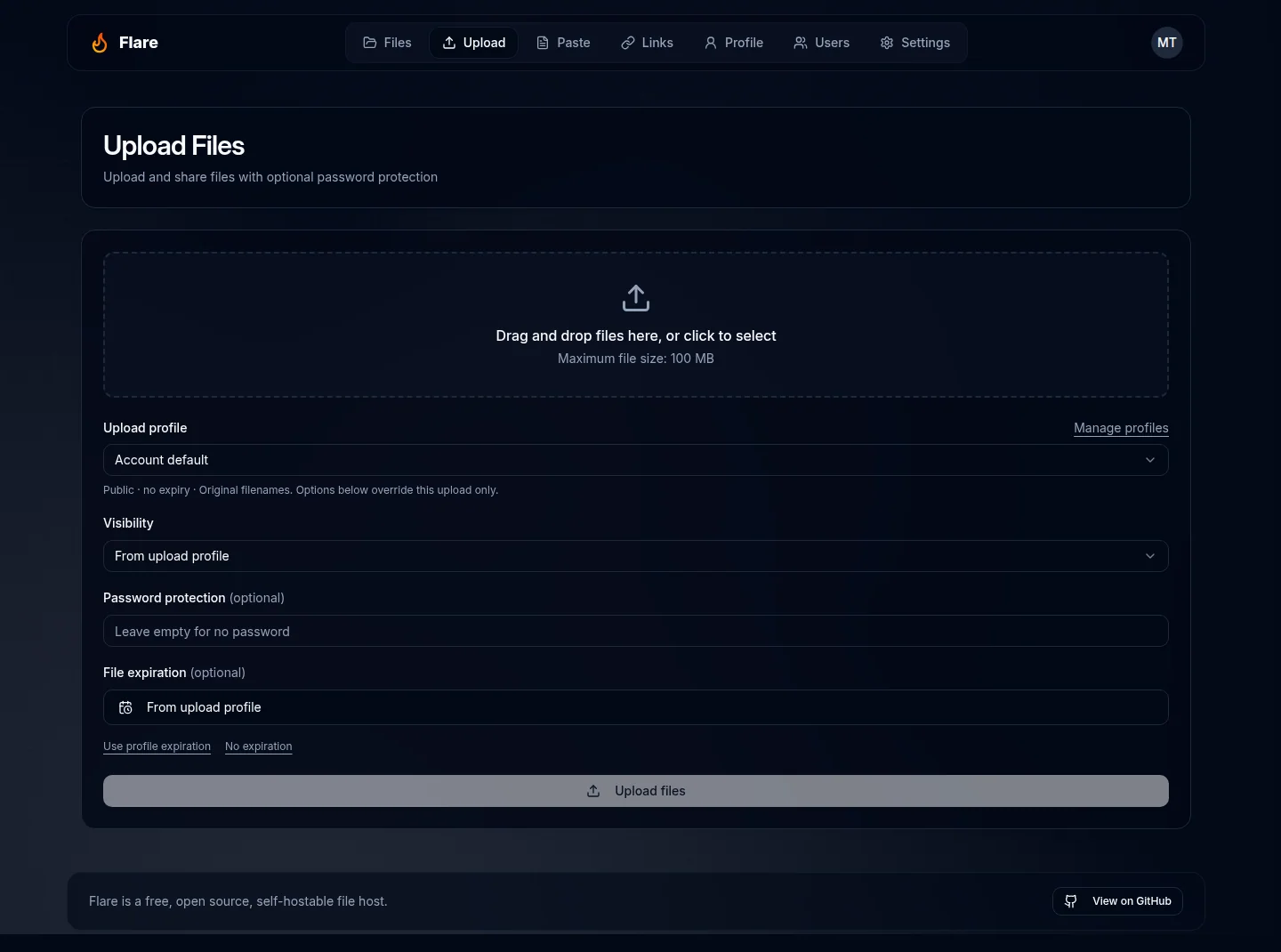 Flare upload page with a file drop area and sharing options