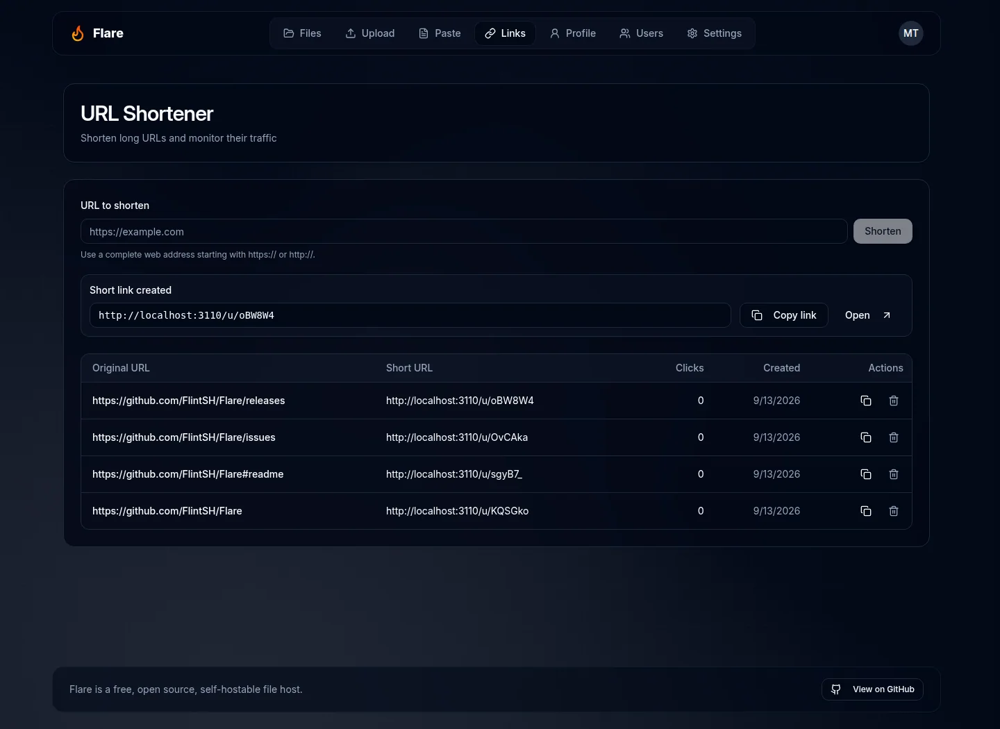 A newly created short link with copy and open controls