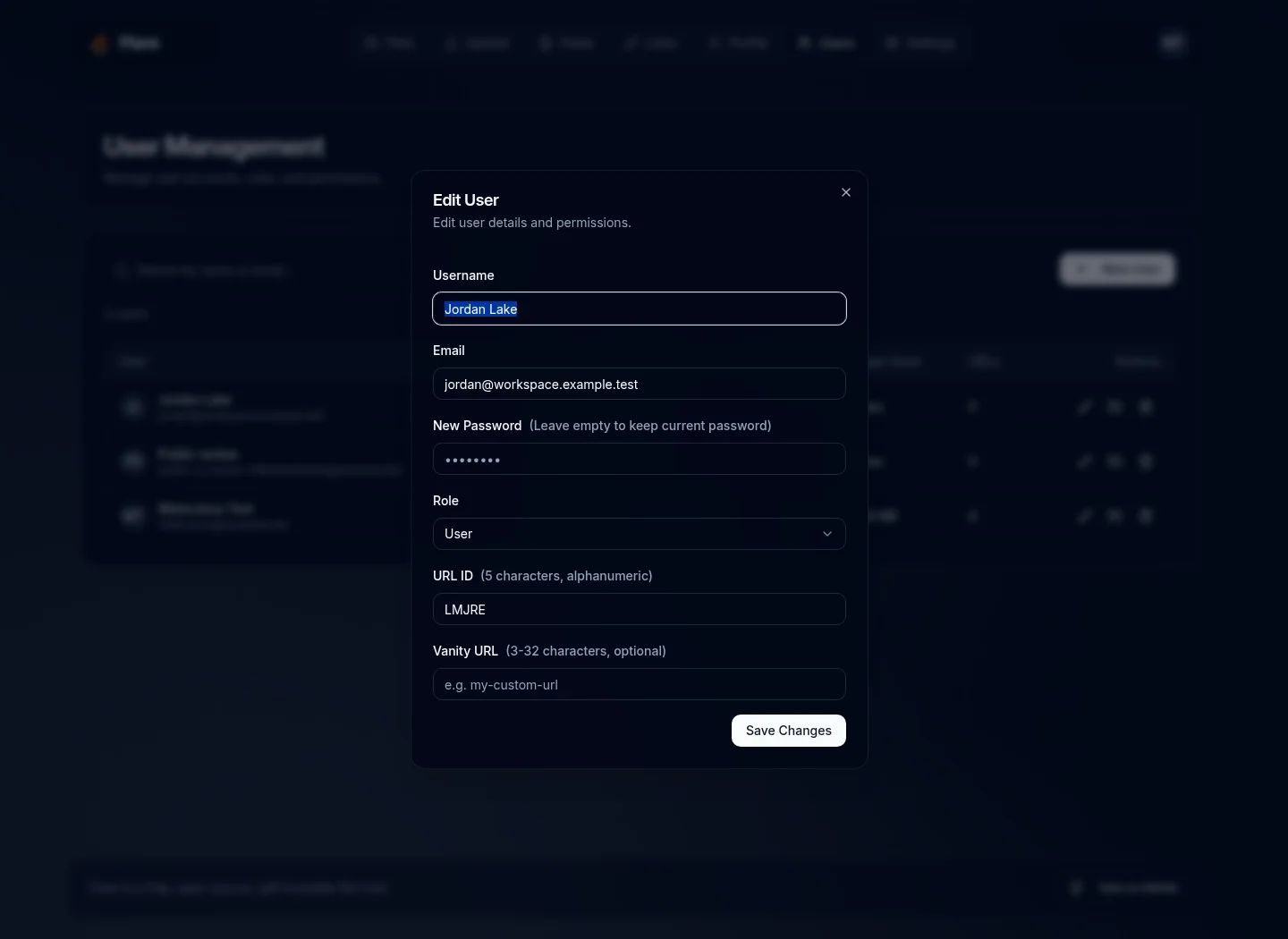 Administrator editing a user's identity, role, and URL settings