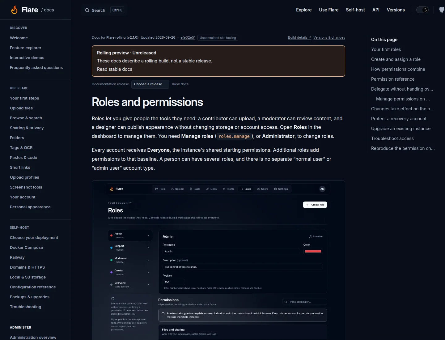 Rolling documentation page showing the unreleased notice, source commit and update date, and Read stable docs link