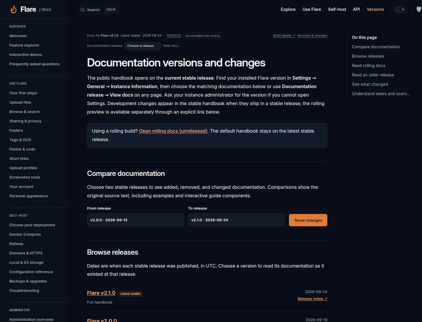 Flare documentation version browser with an explicit rolling link, dated stable releases, and From release, To release, and Show changes controls