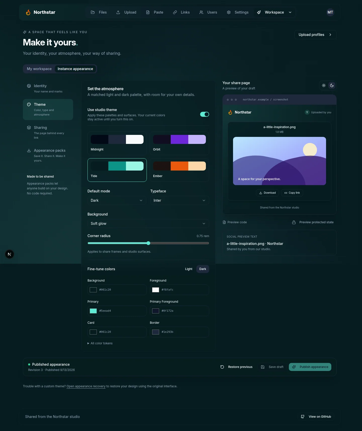 Appearance studio theme controls and a live preview