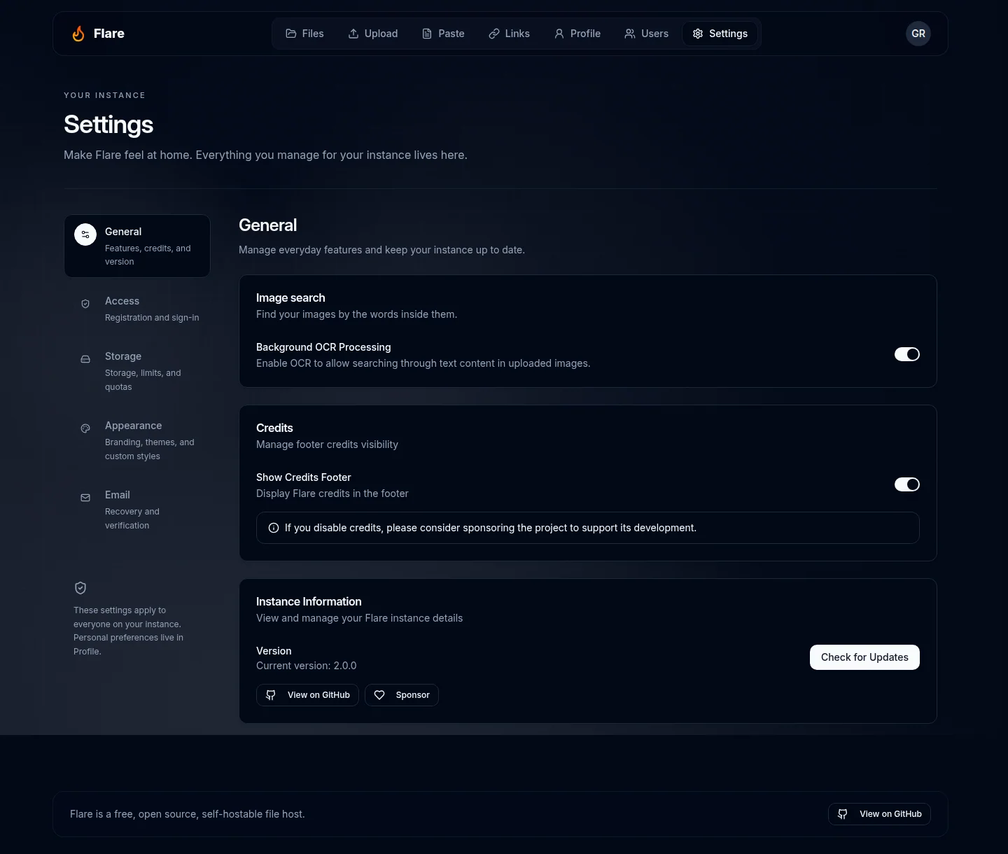 Flare General settings showing image search and credits controls