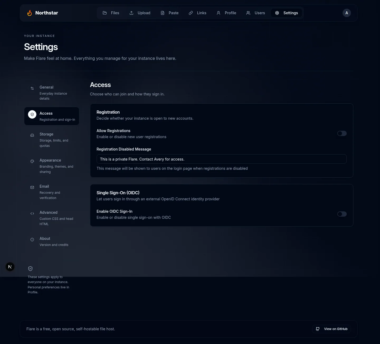 Access settings with registration and OIDC provider controls