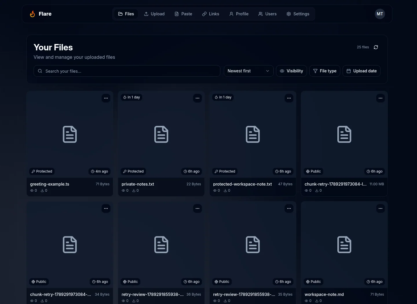 Flare file library with image previews, search, and file controls