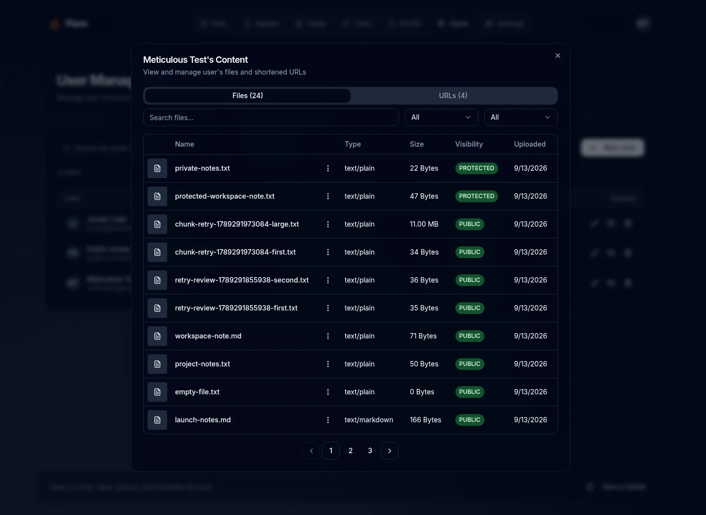 Administrator content dialog listing a user's files and moderation actions