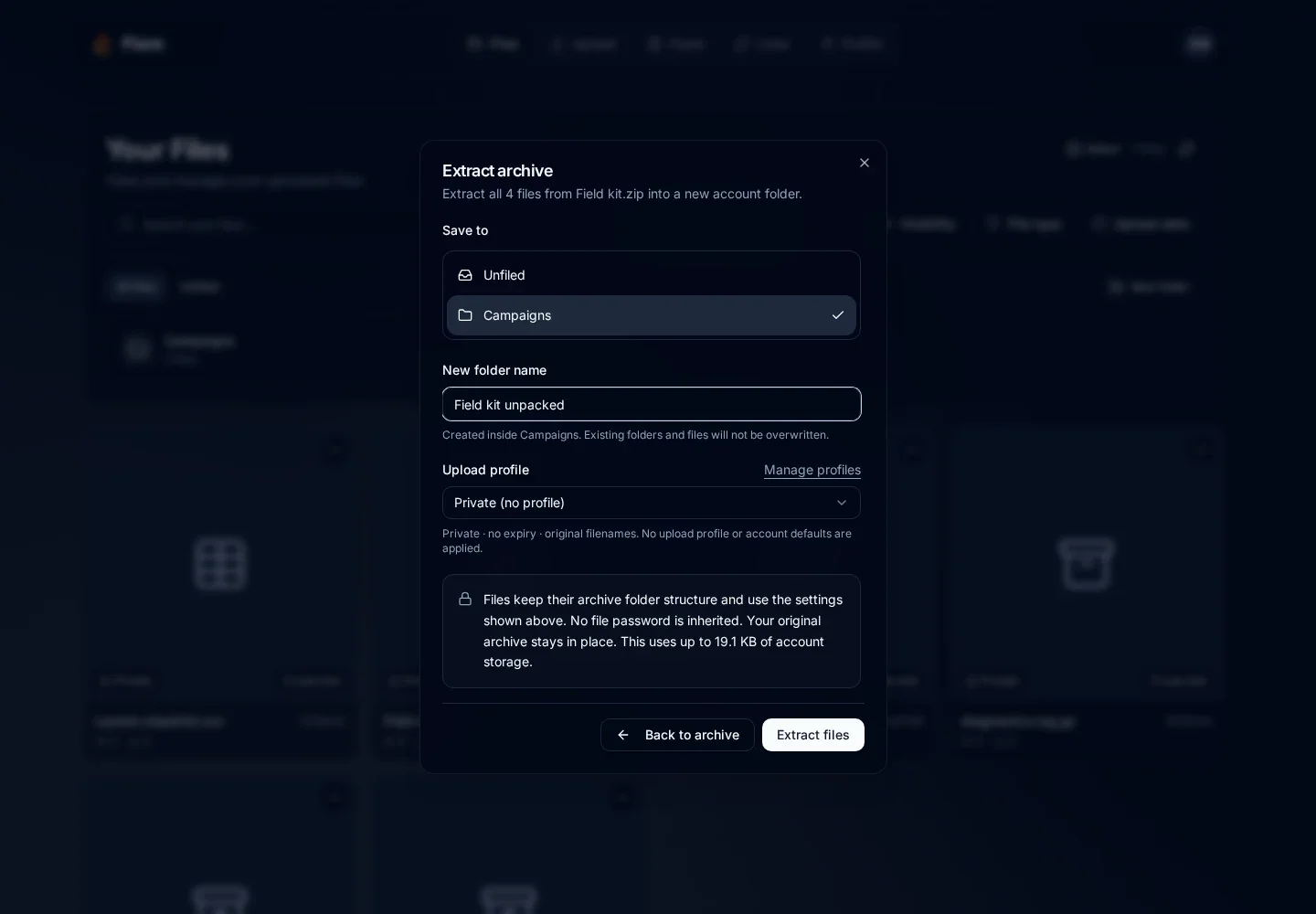 Extract archive dialog saving a new Field kit unpacked folder inside Campaigns with Private no profile selected