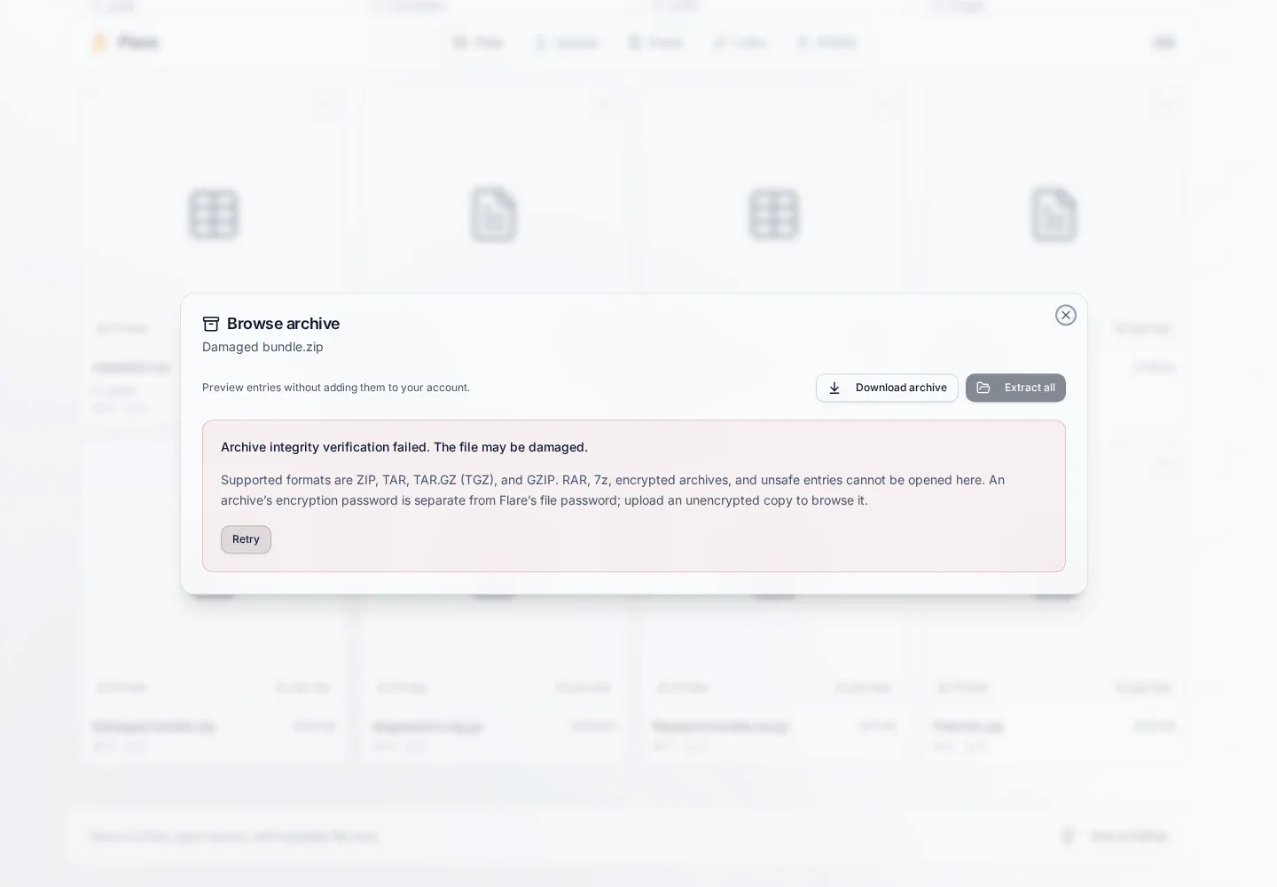 Archive browser rejecting Damaged bundle.zip with an integrity error in the light theme