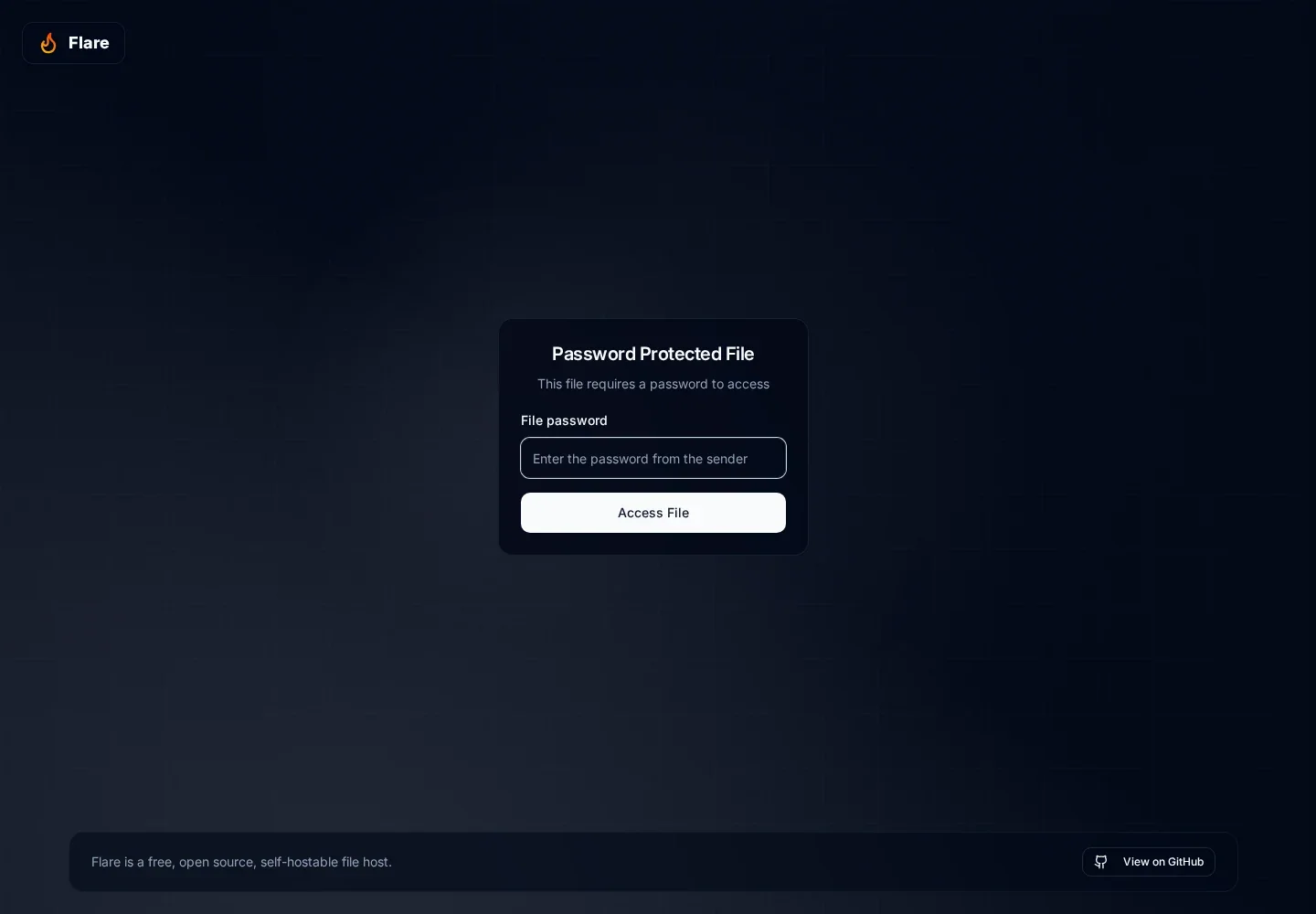 Password Protected File page with an empty File password field and Access File button; archive contents are hidden