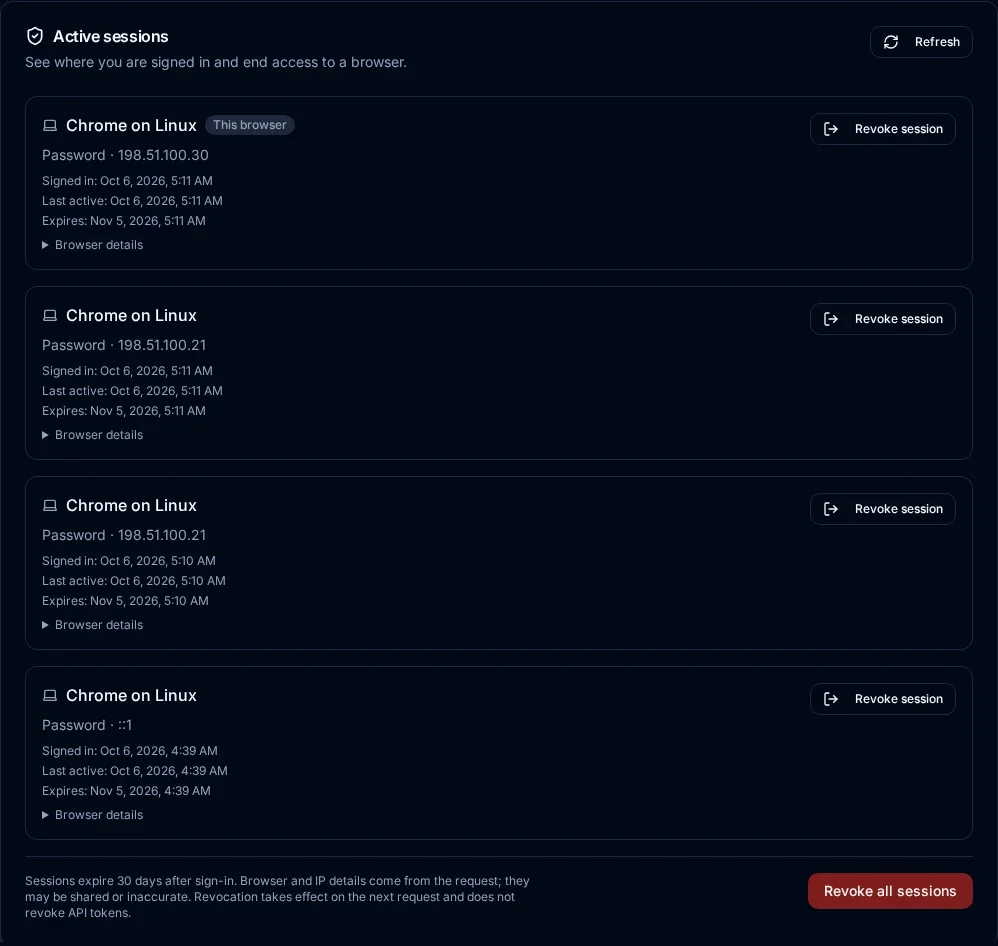 Active sessions after a same-tab account switch and new sign-in, with This browser marking the replacement session