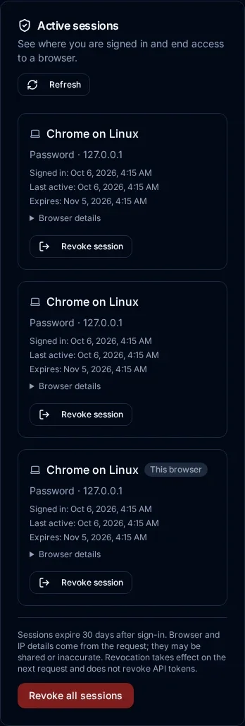 Mobile Profile view showing the active-session list, the current-browser marker, and revocation controls