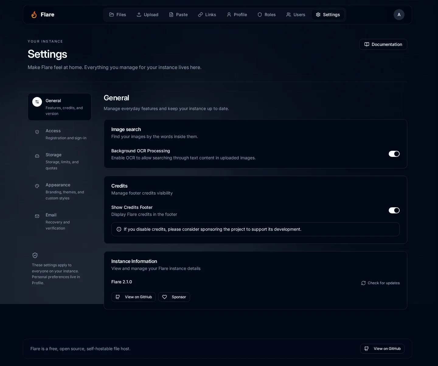 Settings on desktop with a Documentation link above the General controls