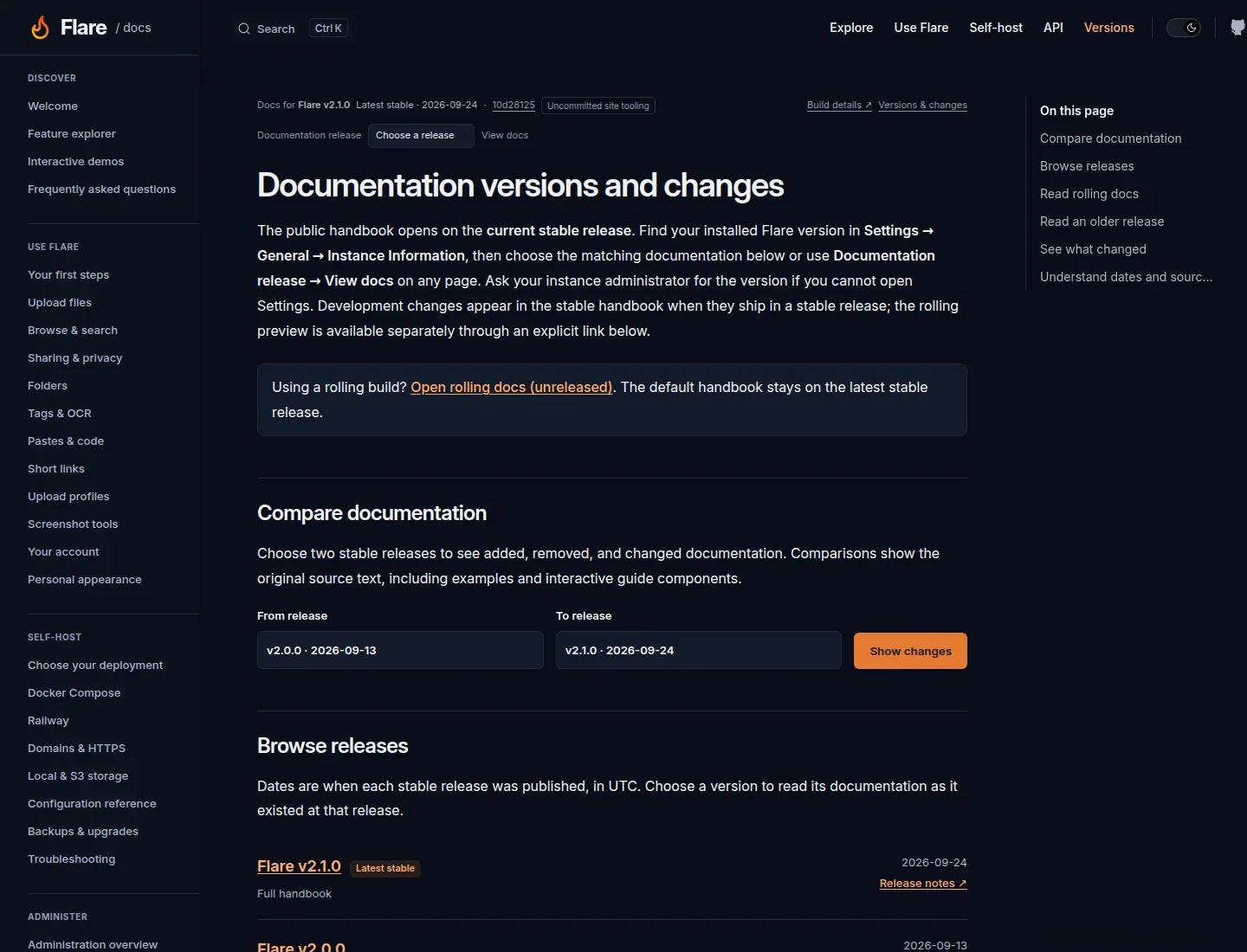 Flare documentation version browser with an explicit rolling link, dated stable releases, and From release, To release, and Show changes controls