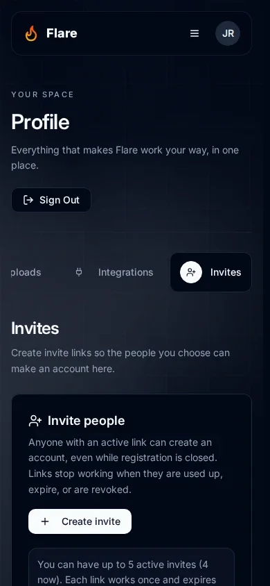 Profile Invites on a 390-pixel phone screen with the Create invite button and the member limit note