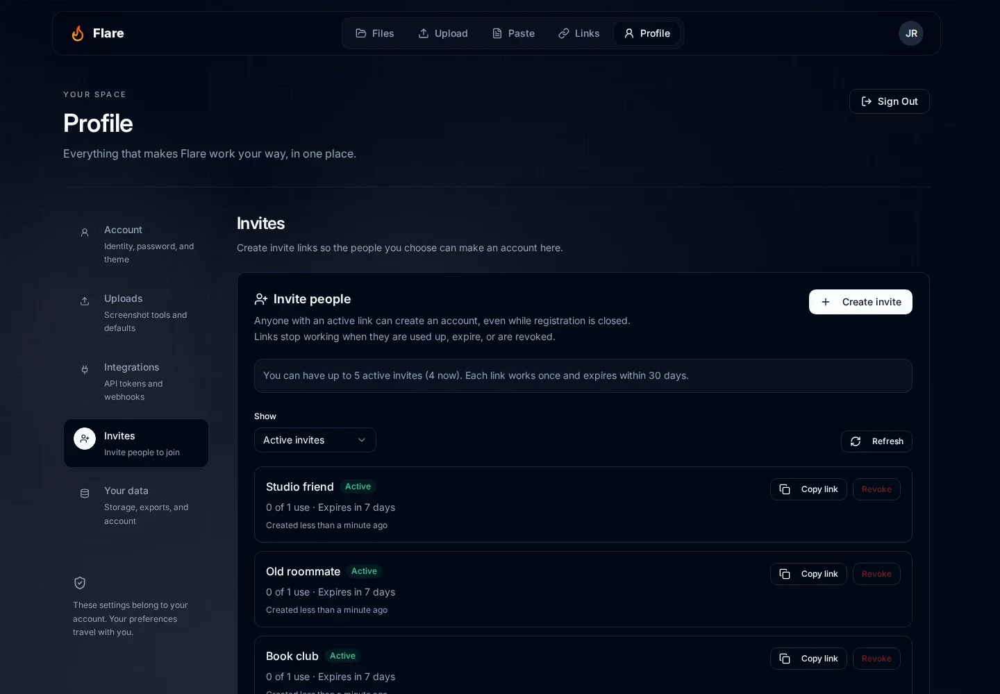 Profile Invites section listing four active single-use invite links with Copy link and Revoke buttons and a note about invite limits