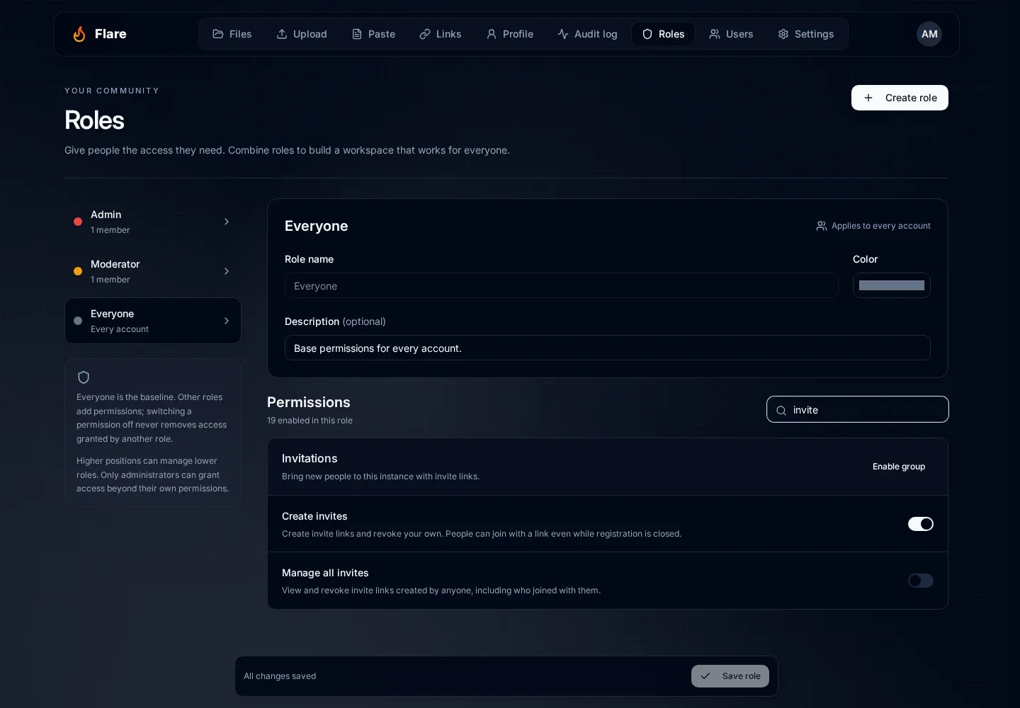 Everyone role editor filtered to the Invitations group, with Create invites turned on and Manage all invites turned off