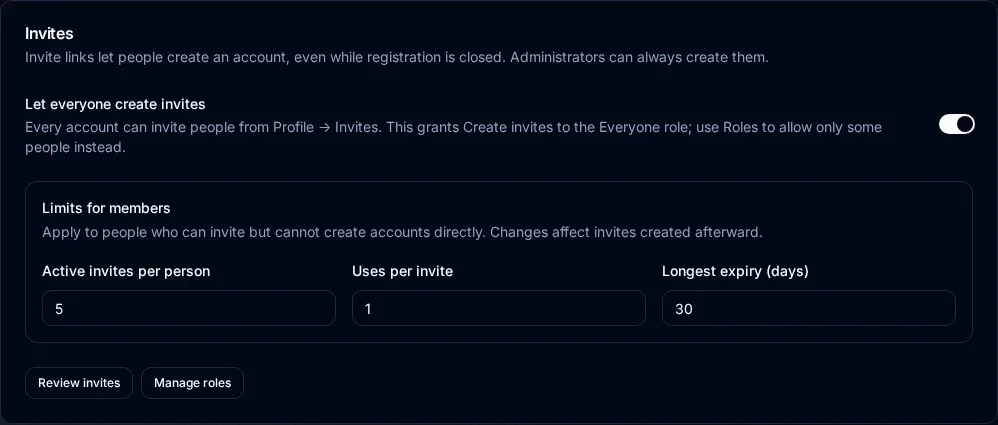 Settings Access Invites card with Let everyone create invites turned on and member limits of 5 active invites, 1 use per invite, and 30 days longest expiry