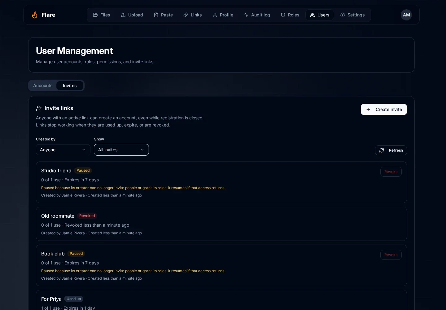 Users Invites tab showing invites created by Jamie Rivera that are paused or revoked, and Show set to All invites