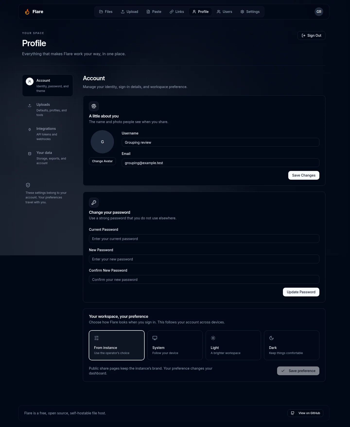 Account settings with personal workspace theme choices below identity and password controls