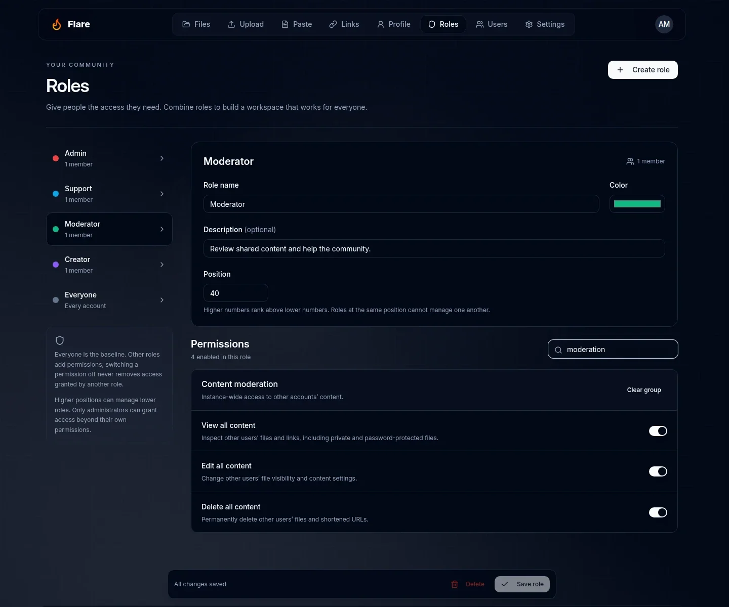 Moderator role editor filtered to the content moderation group, showing read, edit, and delete switches