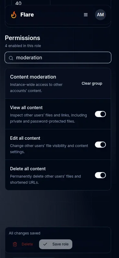 Mobile role editor with separate View all content, Edit all content, and Delete all content switches
