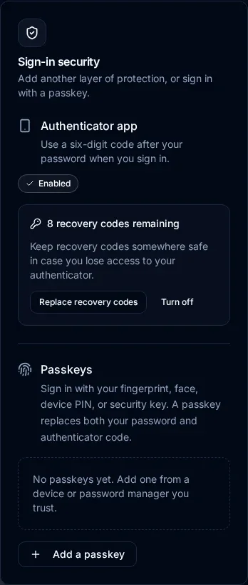 Mobile sign-in security shows an enabled authenticator, eight remaining recovery codes, replacement and turn-off controls, and Add a passkey