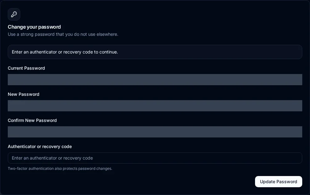 Change your password form preserves concealed password entries and asks for an authenticator or recovery code after recent sign-in proof expires