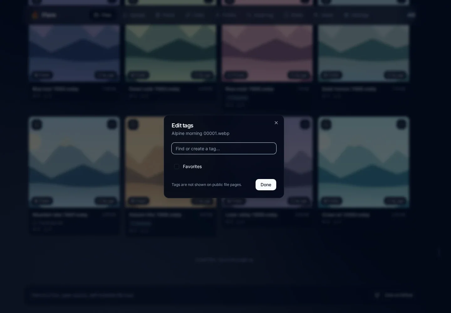 Edit tags for the selected Alpine morning file showing Favorites unchecked after reloading its current tag membership