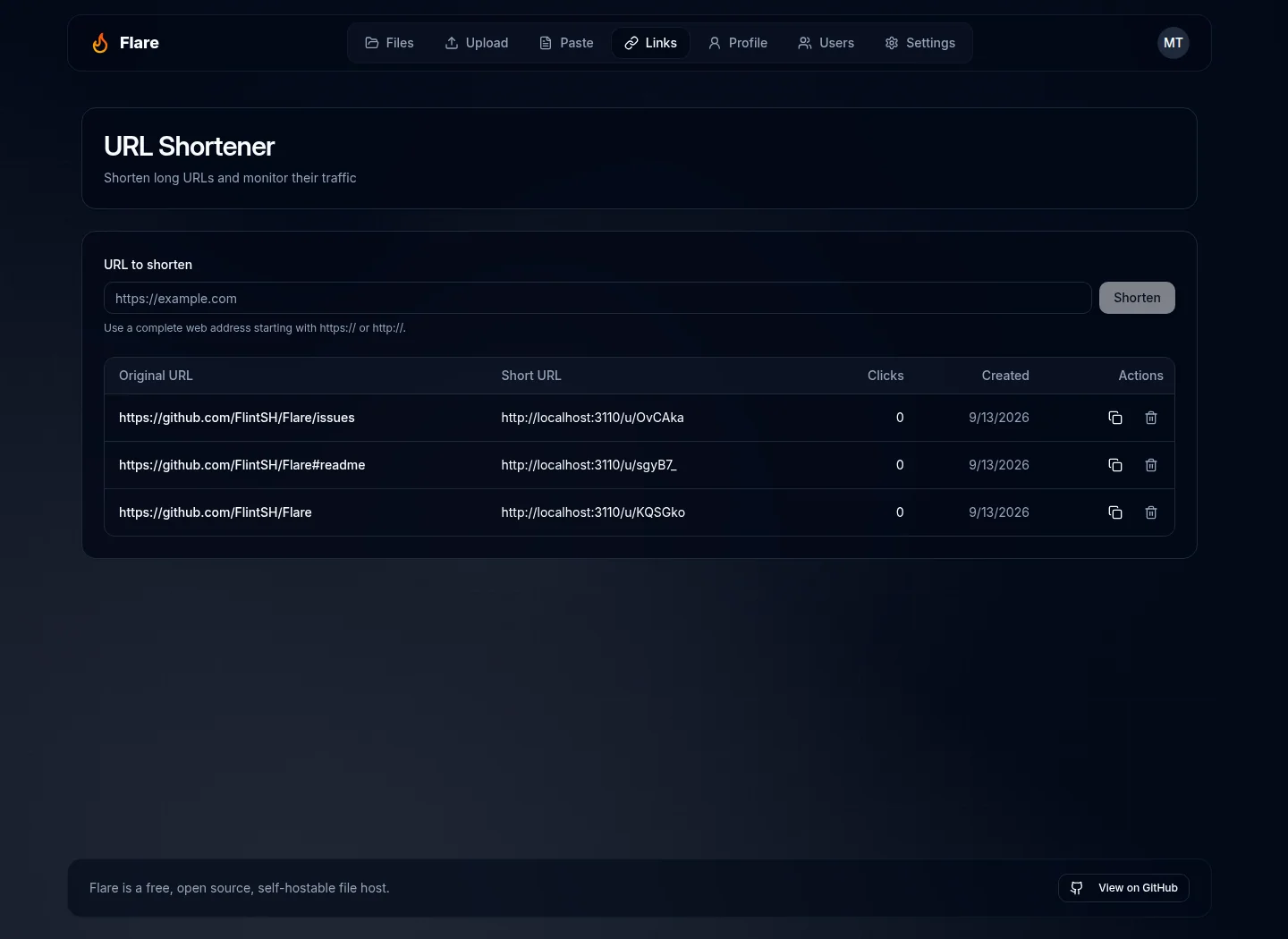 Short links page with a URL input and existing links table
